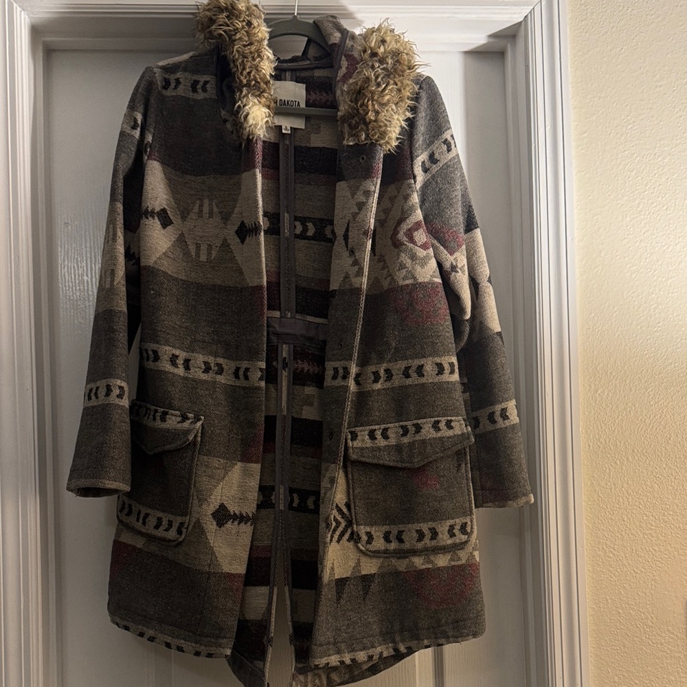 BB Dakota southwest Patterned coat with Faux Fur Trim